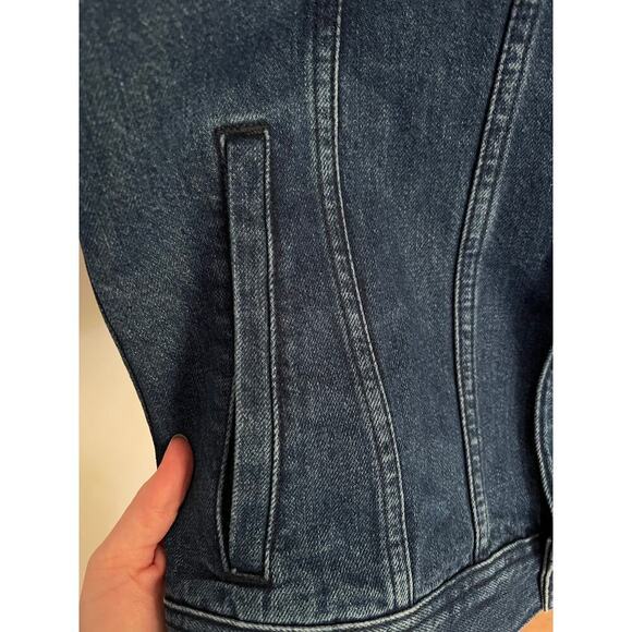 NEW FCUK Women's S Jean Jacket Rude Bear Oversized Denim Dark Wash White Graphic - Picture 13 of 15